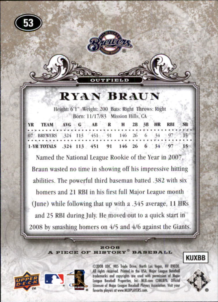 2008 UD A Piece of History #53 Ryan Braun back image