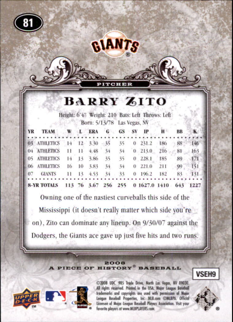 2008 UD A Piece of History #81 Barry Zito back image