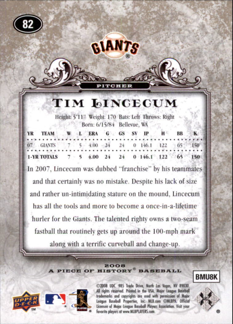 2008 UD A Piece of History #82 Tim Lincecum back image
