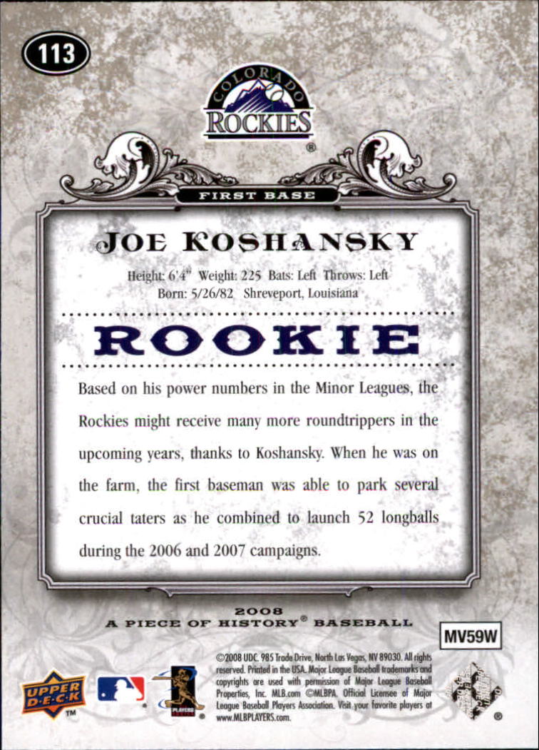 2008 UD A Piece of History #113 Joe Koshansky (RC) back image
