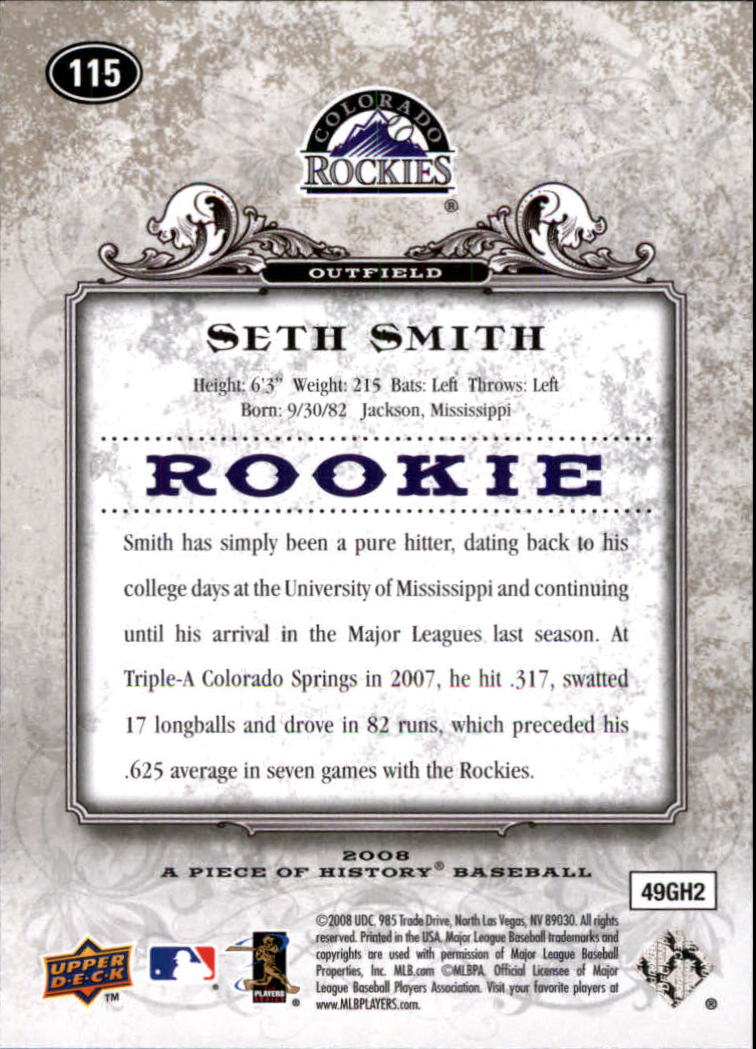 2008 UD A Piece of History #115 Seth Smith (RC) back image