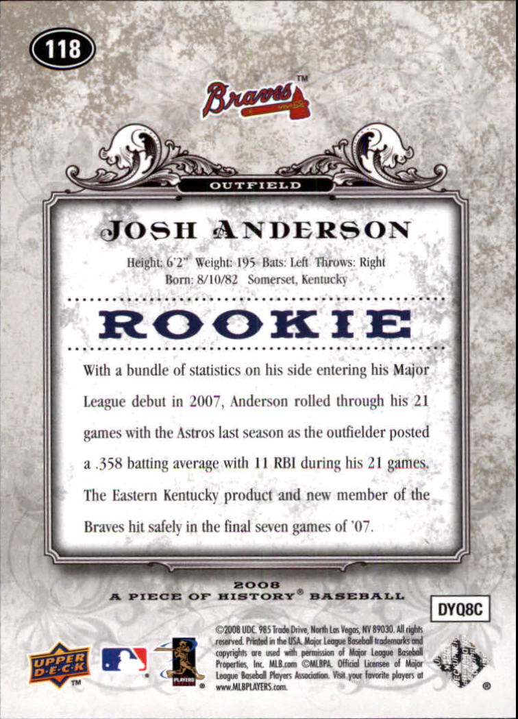 2008 UD A Piece of History #118 Josh Anderson (RC) back image