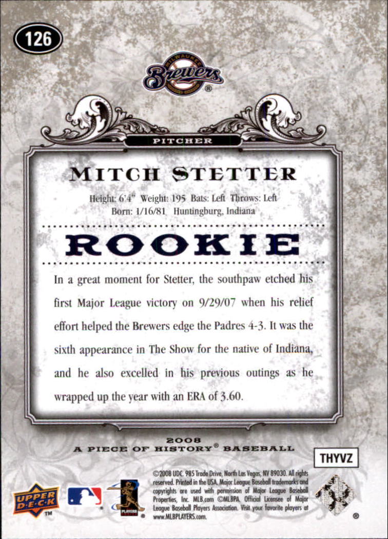 2008 UD A Piece of History #126 Mitch Stetter RC back image
