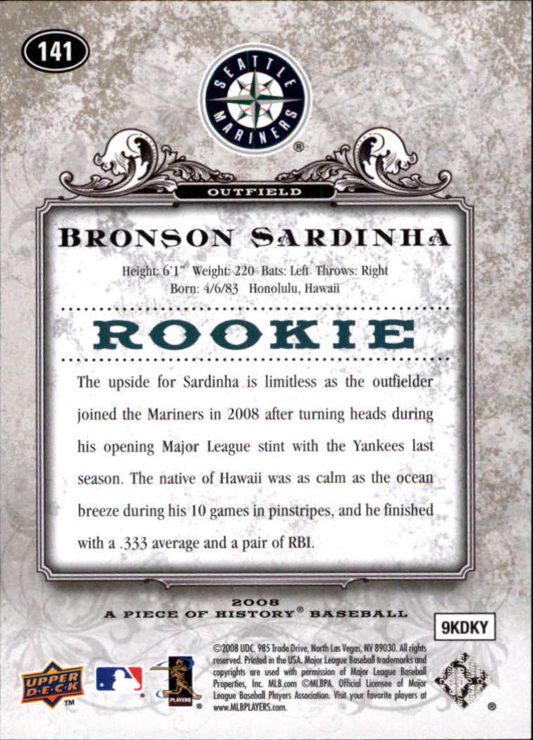 2008 UD A Piece of History #141 Bronson Sardinha (RC) back image