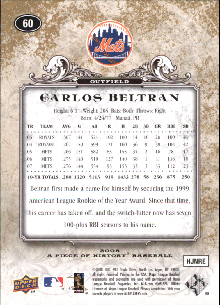 2008 UD A Piece of History Gold #60 Carlos Beltran back image
