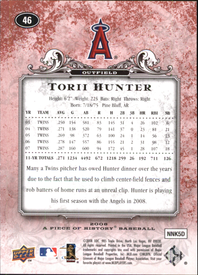 2008 UD A Piece of History Red #46 Torii Hunter back image