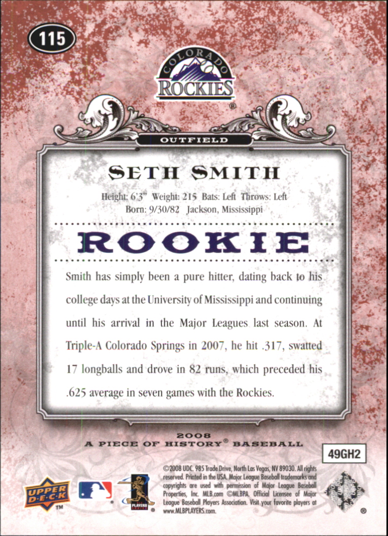 2008 UD A Piece of History Red #115 Seth Smith back image