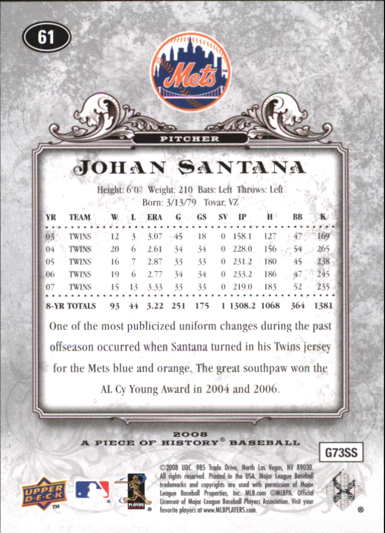 2008 UD A Piece of History Silver #61 Johan Santana back image