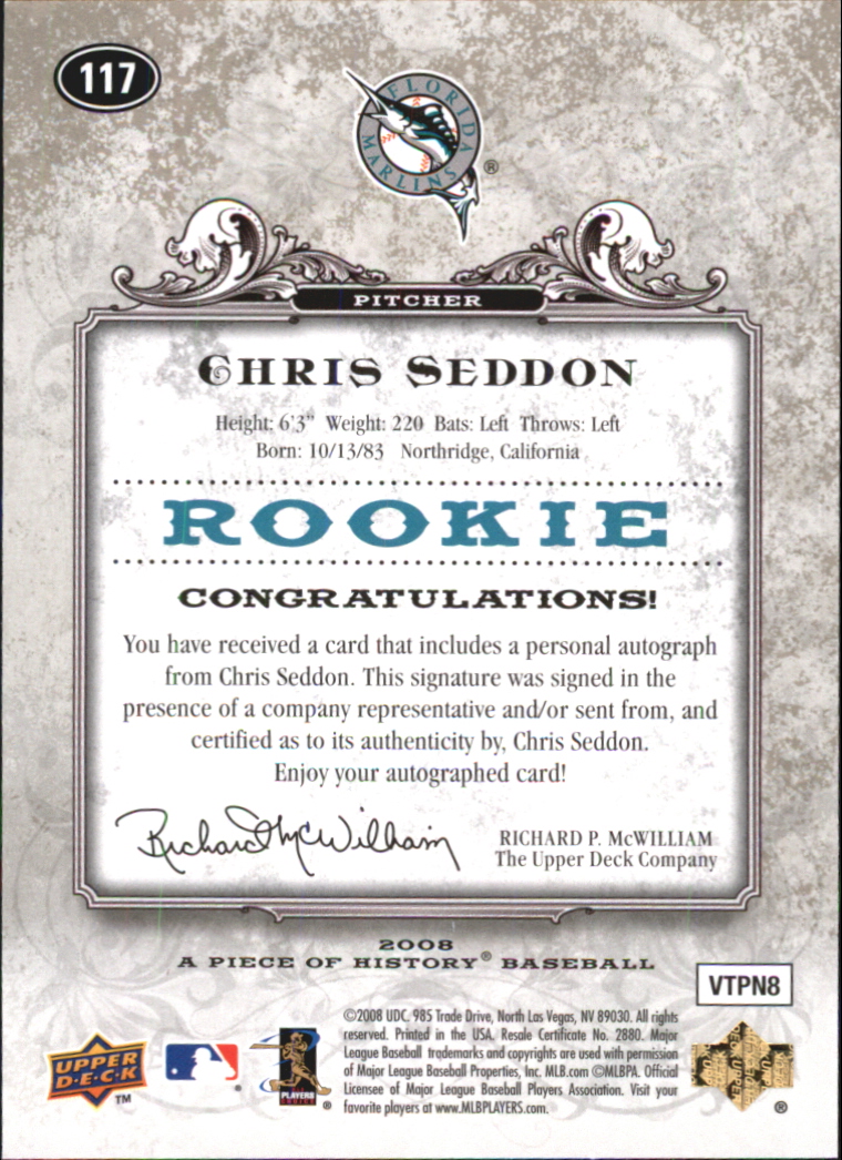2008 UD A Piece of History Rookie Autographs #117 Chris Seddon/459 back image
