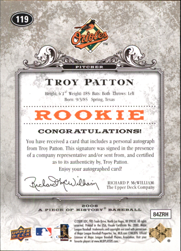 2008 UD A Piece of History Rookie Autographs #119 Troy Patton/499 back image