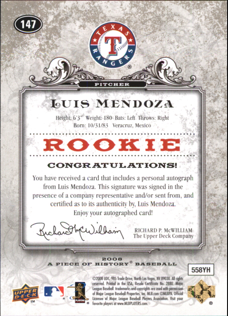 2008 UD A Piece of History Rookie Autographs #147 Luis Mendoza/499 back image