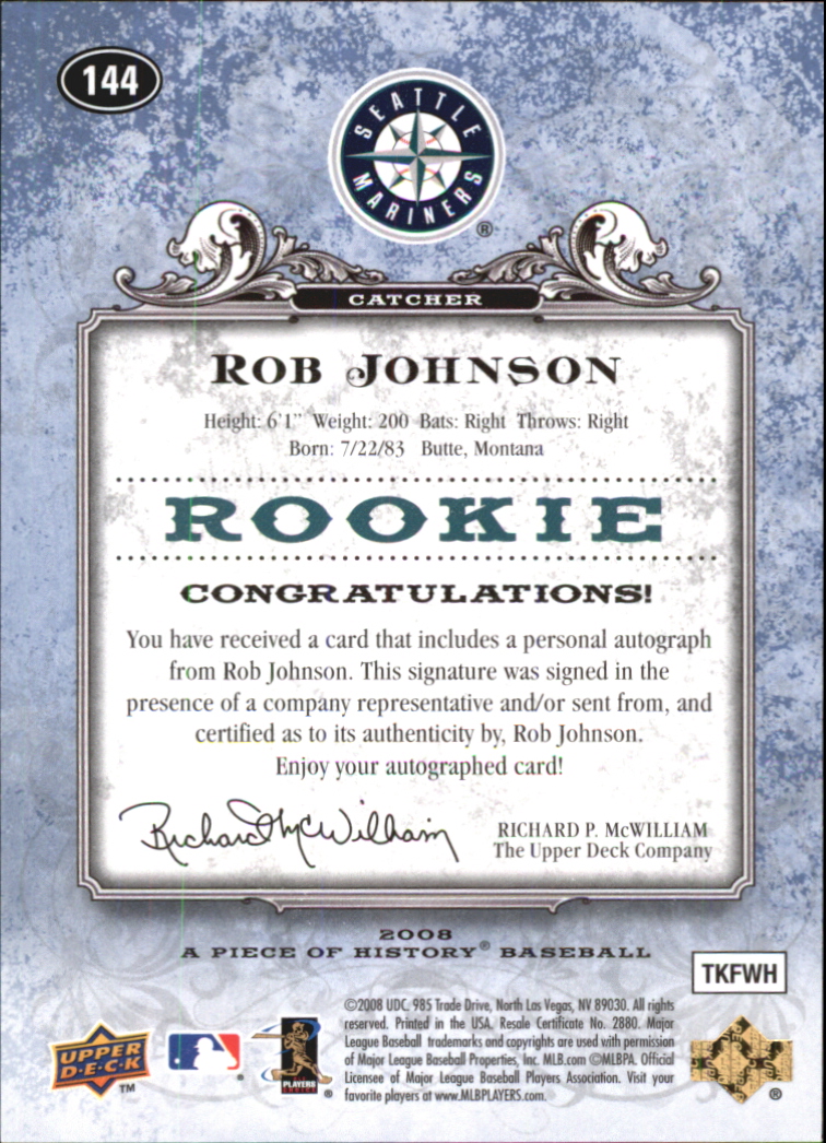 2008 UD A Piece of History Rookie Autographs Blue #144 Rob Johnson/50 back image
