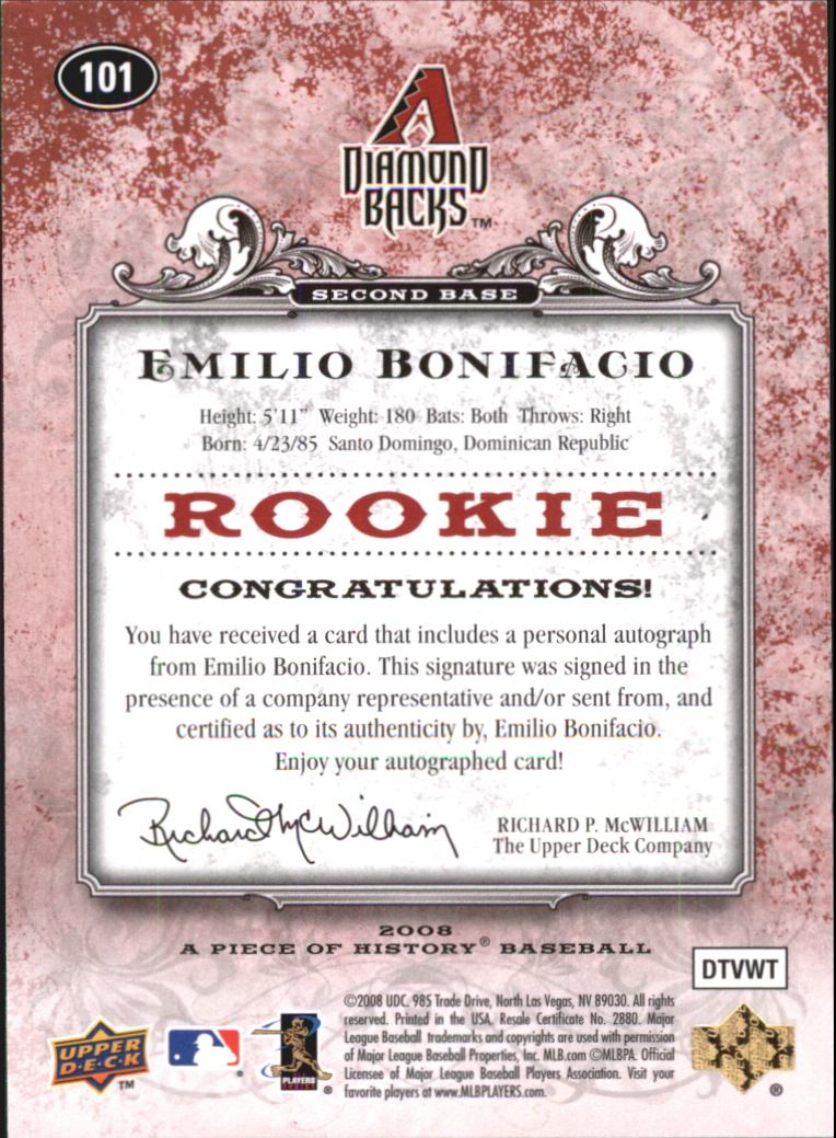 2008 UD A Piece of History Rookie Autographs Red #101 Emilio Bonifacio/99 back image