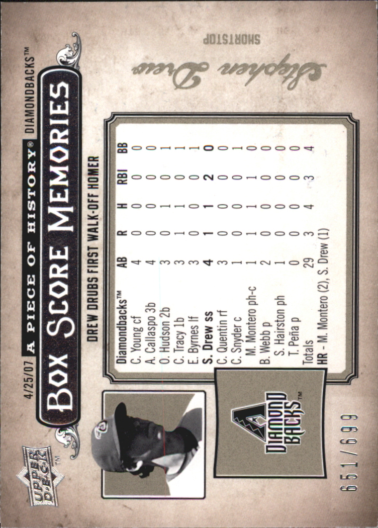 2008 UD A Piece of History Box Score Memories #BSM2 Stephen Drew