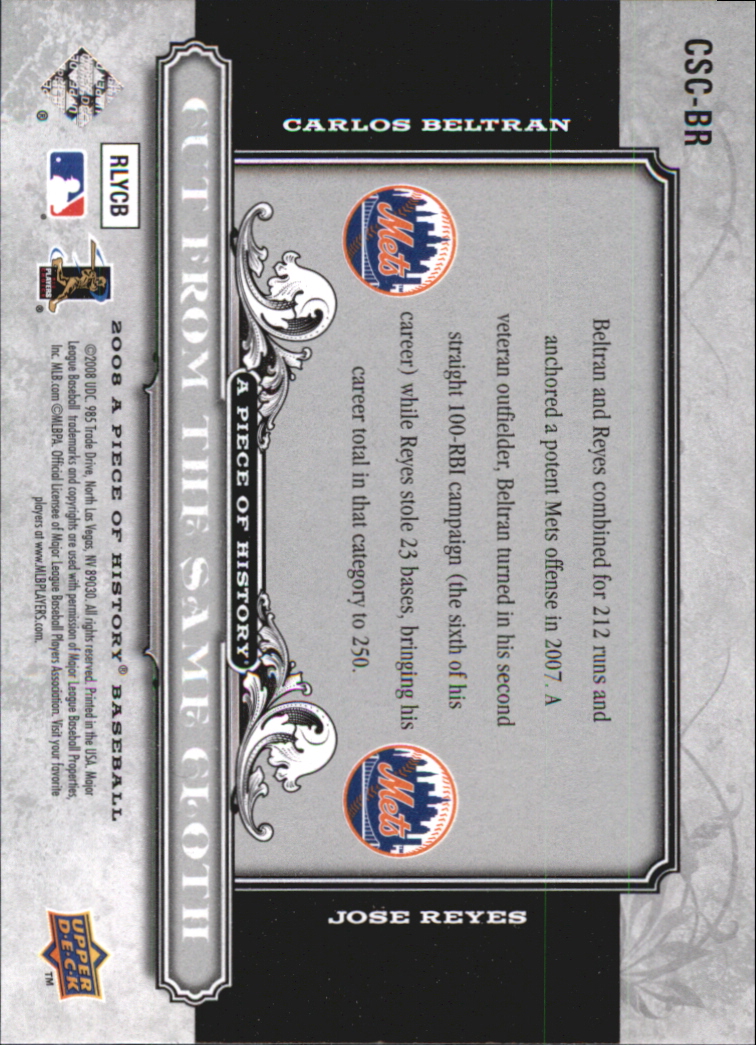 2008 UD A Piece of History Cut From the Same Cloth Silver #BR Carlos Beltran/Jose Reyes back image