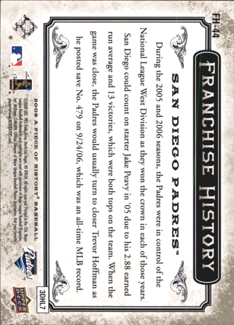 2008 UD A Piece of History Franchise History #FH44 Jake Peavy back image