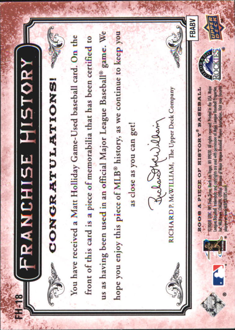2008 UD A Piece of History Franchise History Jersey Red #FH18 Matt Holliday back image