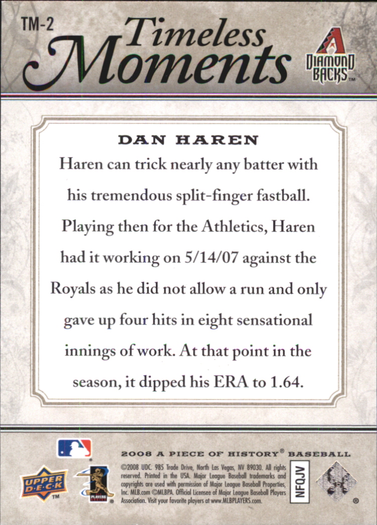 2008 UD A Piece of History Timeless Moments #2 Dan Haren back image