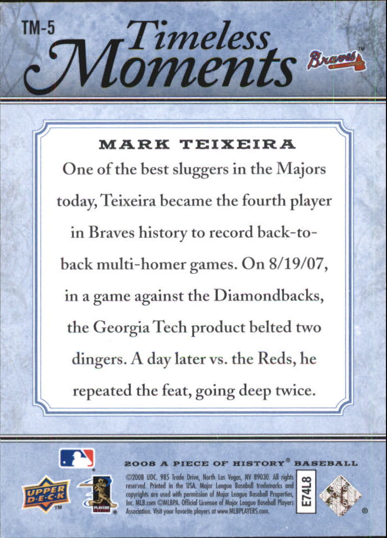 2008 UD A Piece of History Timeless Moments Blue #5 Mark Teixeira back image