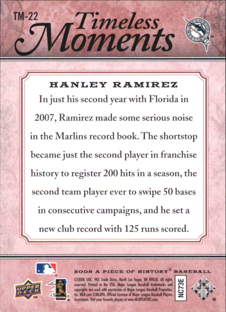 2008 UD A Piece of History Timeless Moments Red #22 Hanley Ramirez back image