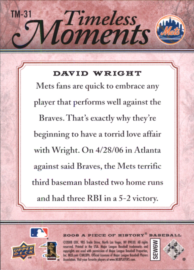 2008 UD A Piece of History Timeless Moments Red #31 David Wright back image
