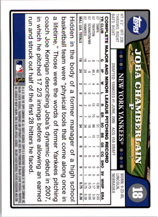 2008 Yankees Topps Gift Set #18 Joba Chamberlain back image