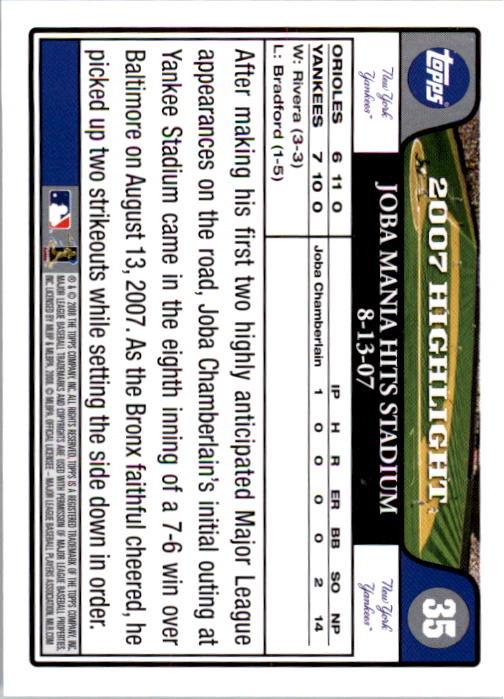 2008 Yankees Topps Gift Set #35 Joba Chamberlain/Mania Hits Stadium back image
