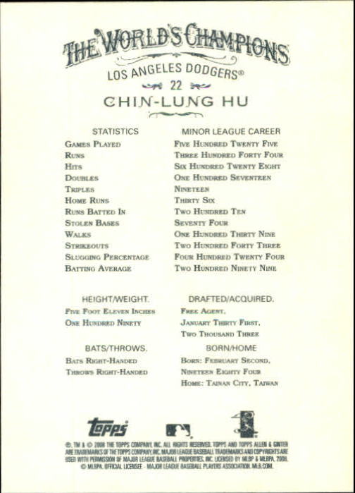 2008 Topps Allen and Ginter #22 Chin-Lung Hu (RC) back image