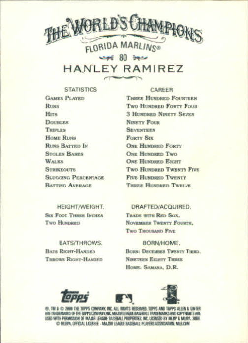 2008 Topps Allen and Ginter #80 Hanley Ramirez back image