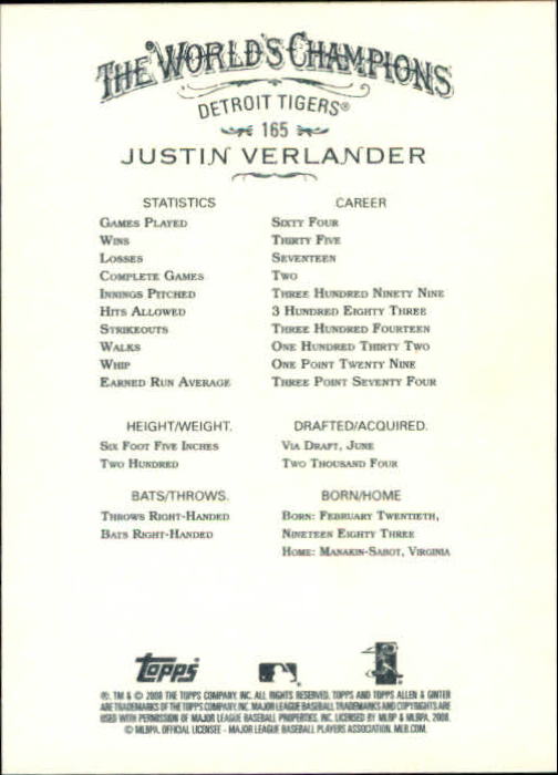 2008 Topps Allen and Ginter #165 Justin Verlander back image