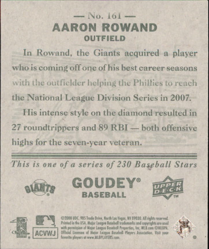 2008 Upper Deck Goudey Mini Green Backs #161 Aaron Rowand back image