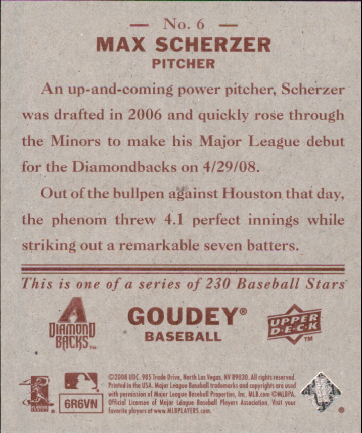 2008 Upper Deck Goudey Mini Red Backs #6 Max Scherzer back image