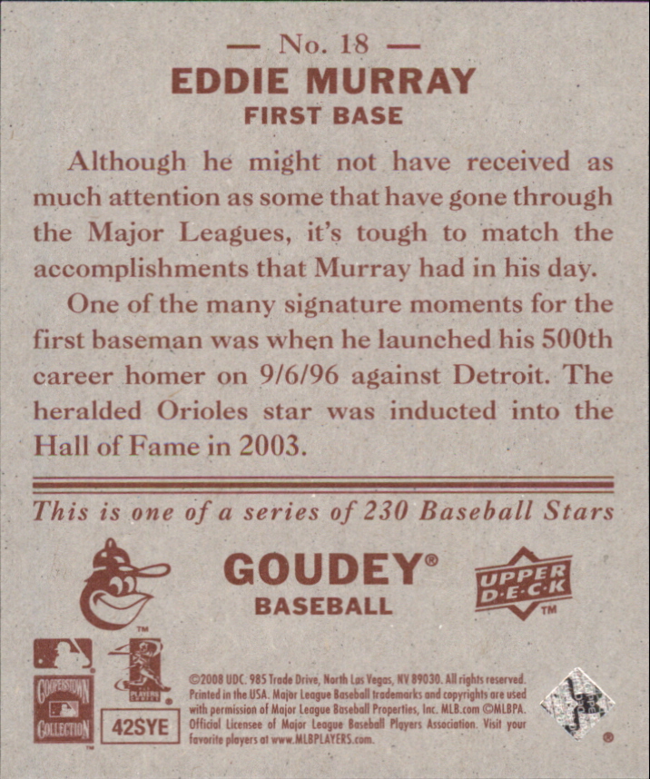 2008 Upper Deck Goudey Mini Red Backs #18 Eddie Murray back image