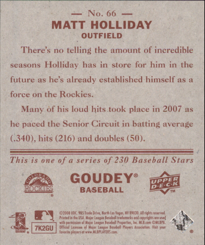 2008 Upper Deck Goudey Mini Red Backs #66 Matt Holliday back image