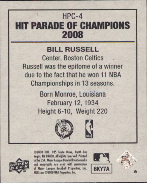 2008 Upper Deck Goudey Hit Parade of Champions #HPC4 Bill Russell back image