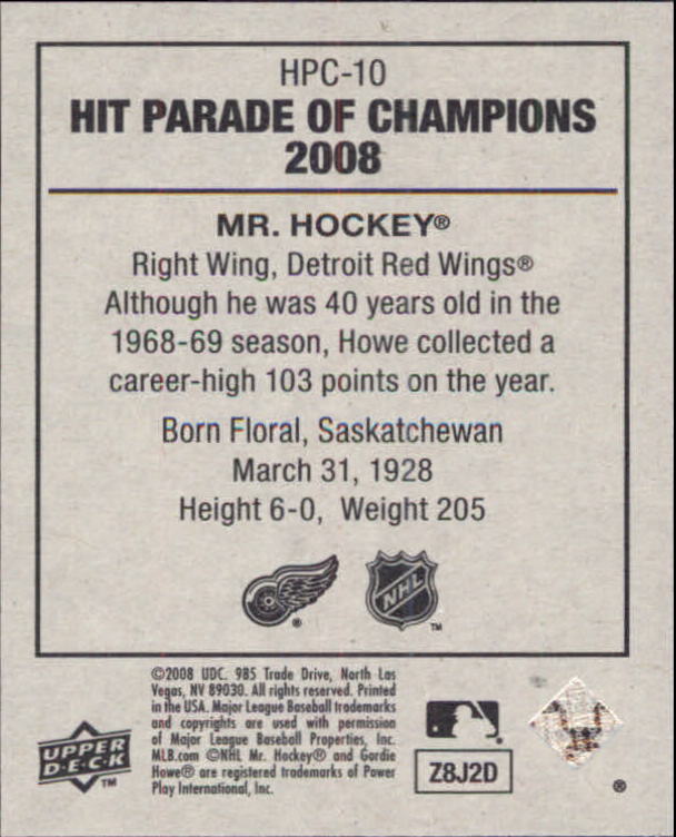 2008 Upper Deck Goudey Hit Parade of Champions #HPC10 Gordie Howe back image