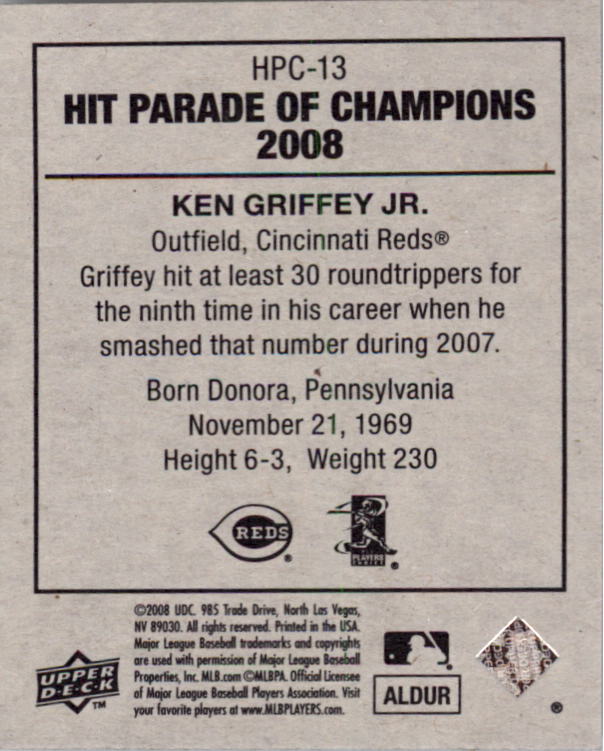 2008 Upper Deck Goudey Hit Parade of Champions #HPC13 Ken Griffey Jr. back image