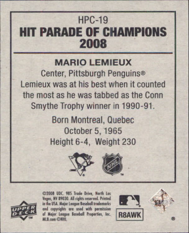 2008 Upper Deck Goudey Hit Parade of Champions #HPC19 Mario Lemieux back image
