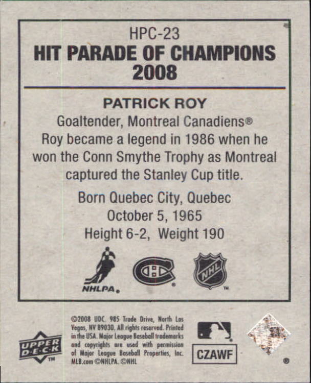 2008 Upper Deck Goudey Hit Parade of Champions #HPC23 Patrick Roy back image