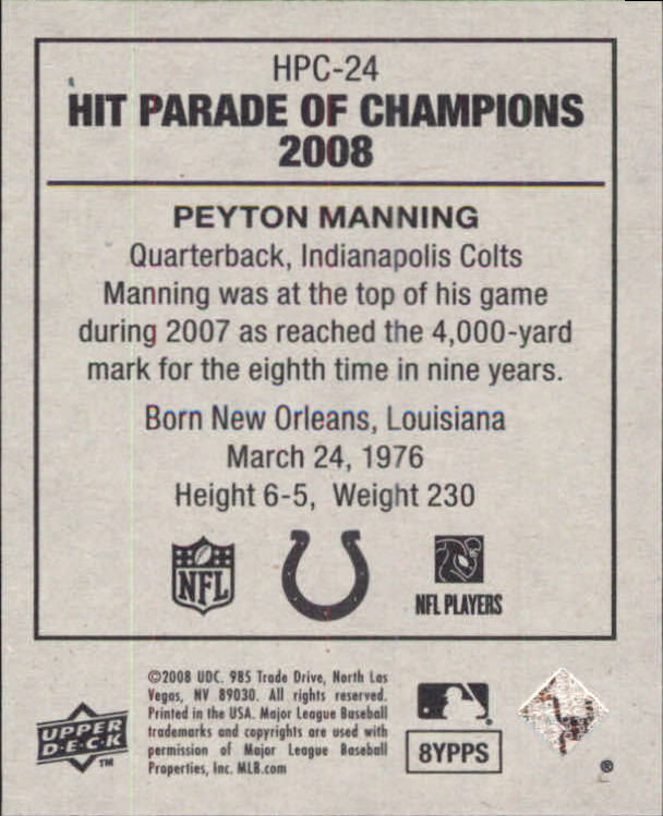 2008 Upper Deck Goudey Hit Parade of Champions #HPC24 Peyton Manning back image