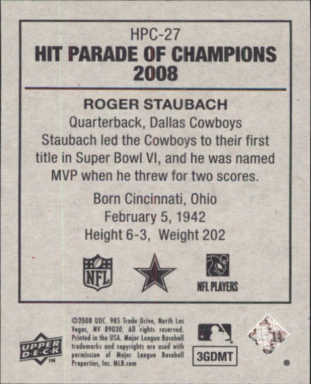 2008 Upper Deck Goudey Hit Parade of Champions #HPC27 Roger Staubach back image