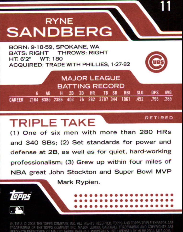 2008 Topps Triple Threads #11 Ryne Sandberg back image