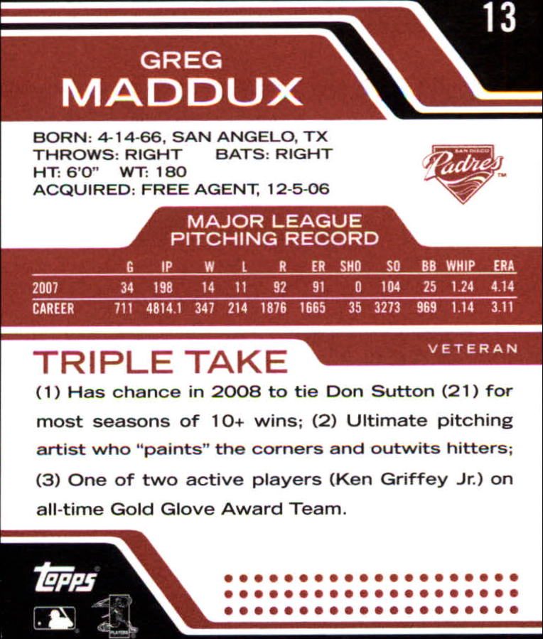 2008 Topps Triple Threads #13 Greg Maddux back image