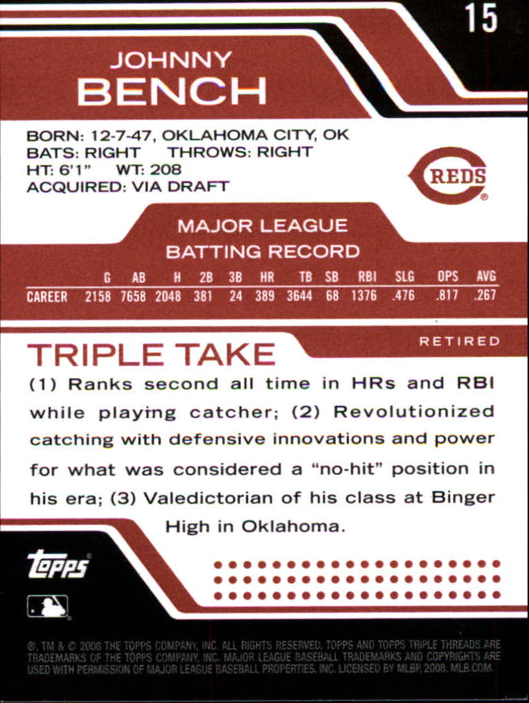 2008 Topps Triple Threads #15 Johnny Bench back image