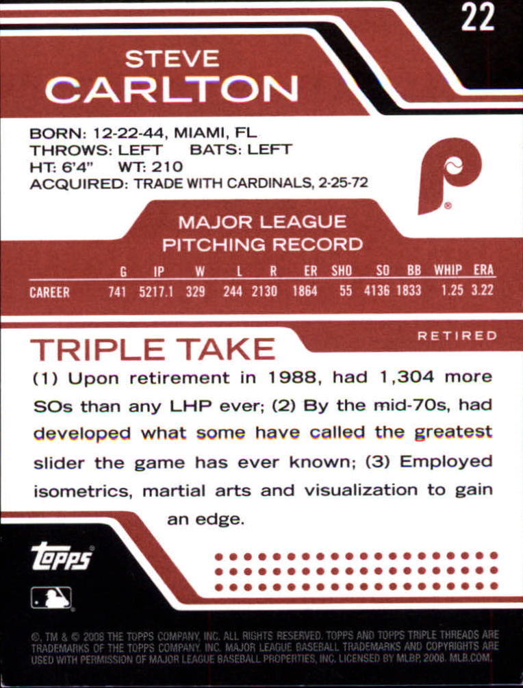 2008 Topps Triple Threads #22 Steve Carlton back image