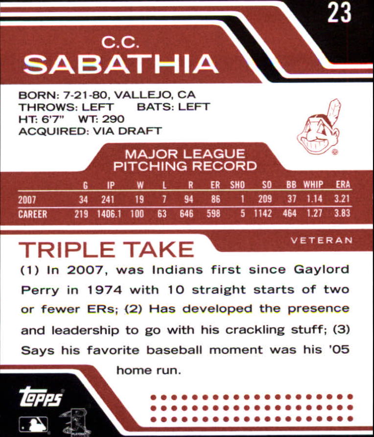 2008 Topps Triple Threads #23 C.C. Sabathia back image