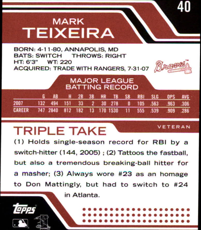 2008 Topps Triple Threads #40 Mark Teixeira back image
