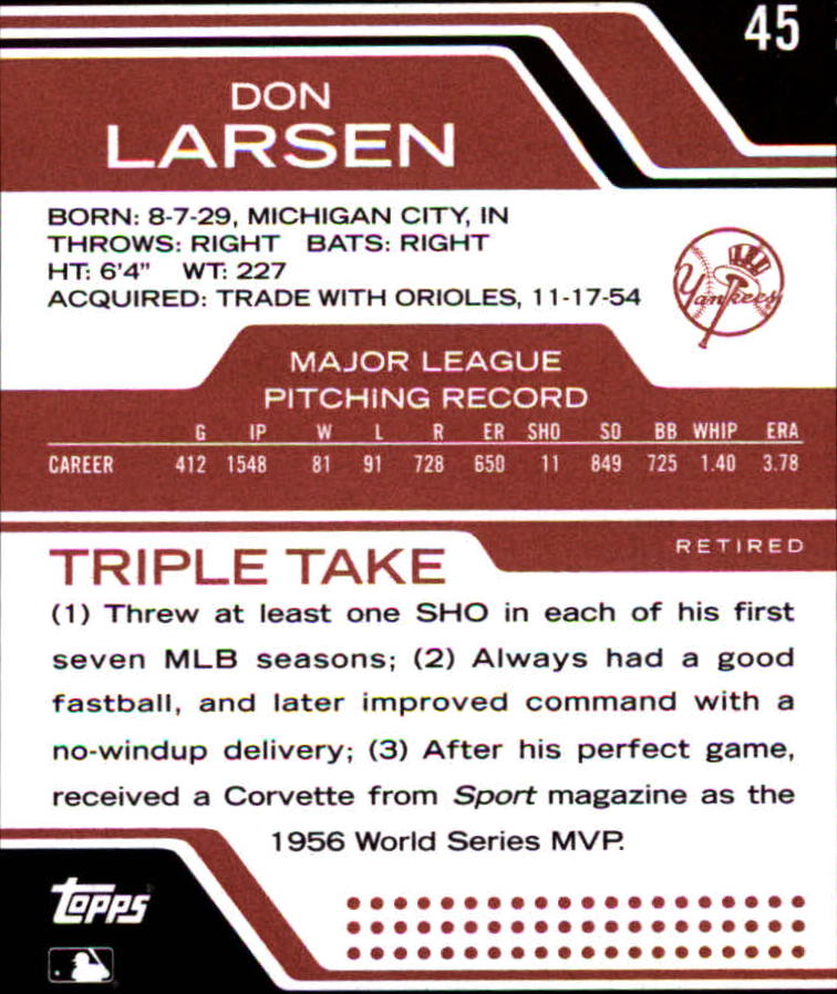 2008 Topps Triple Threads #45 Don Larsen back image