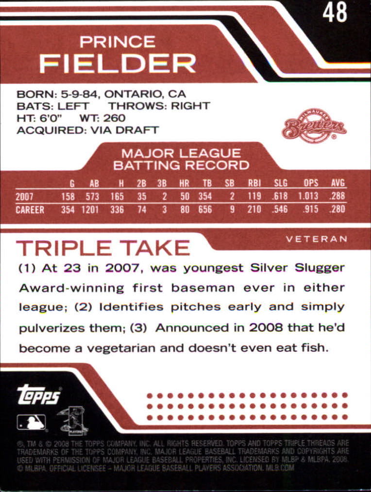 2008 Topps Triple Threads #48 Prince Fielder back image