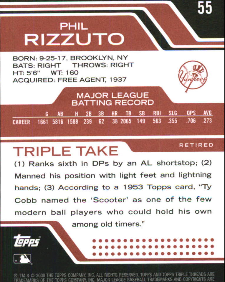 2008 Topps Triple Threads #55 Phil Rizzuto back image